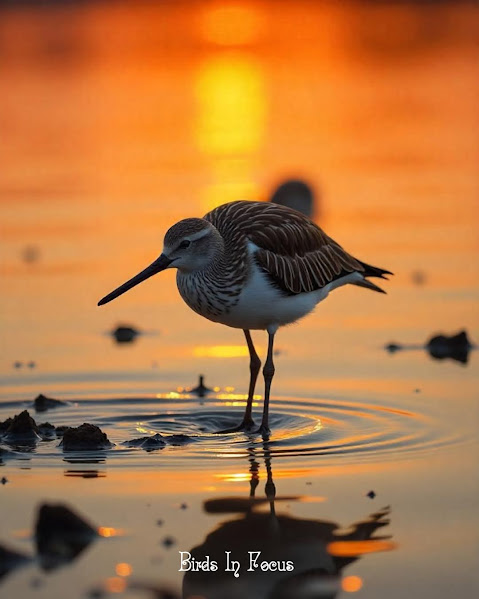 Silhouette of a wading bird with wings spread standing in water at sunset with orange sky reflection