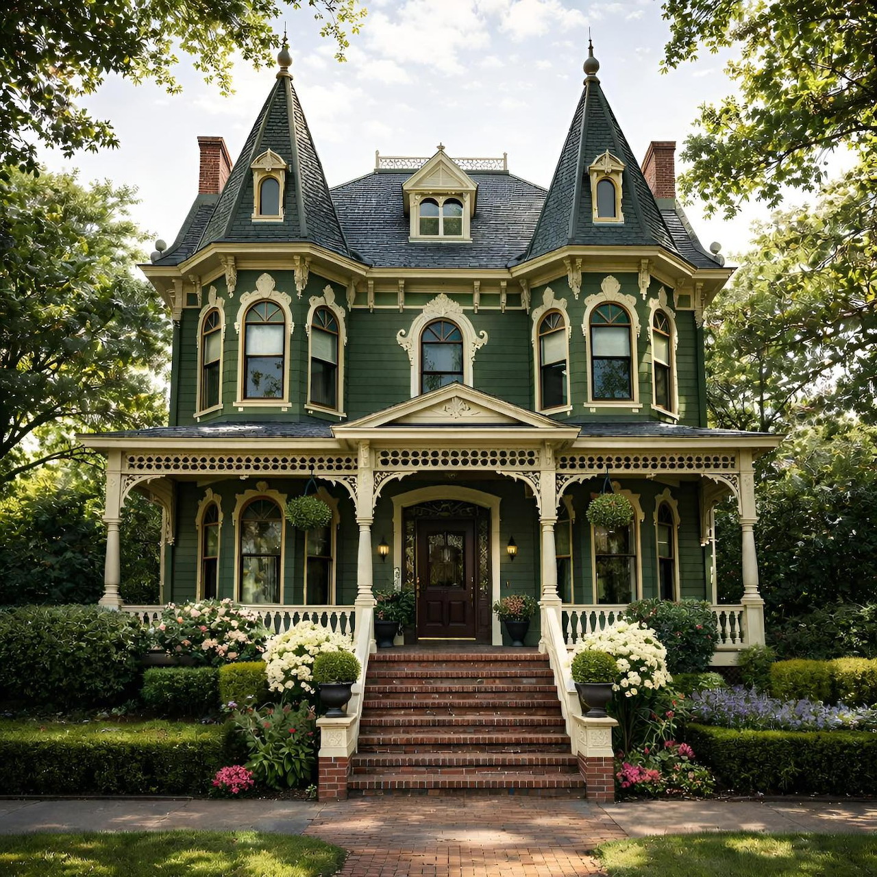 Large Victorian mansion with gray siding, twin turrets, wraparound porch, brick stairs, and landscaped front yard