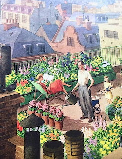 Two people gardening on a rooftop terrace surrounded by flowering plants and city buildings
