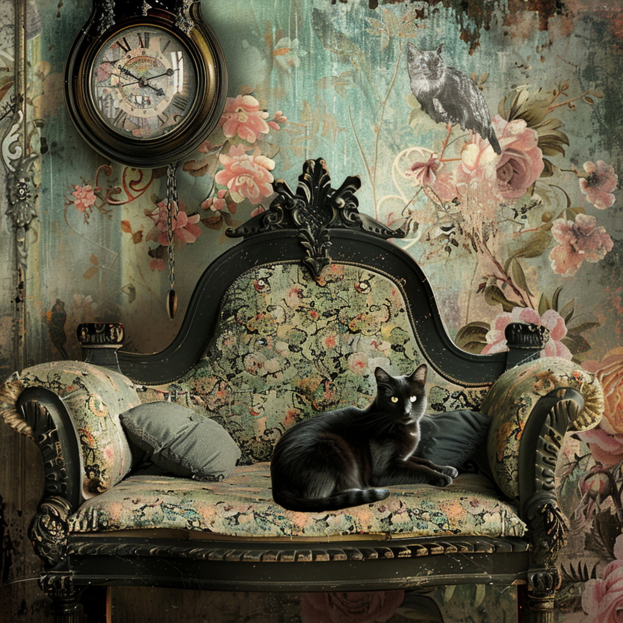 Black cat lying on a floral ornate settee in a vintage room with wallpaper and a wall clock