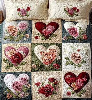 Quilted blanket with heart and rose pattern squares in pink and red tones on cream fabric