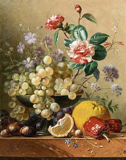 Classical still life painting with roses, grapes, lemon, nuts, and purple flowers on a stone ledge