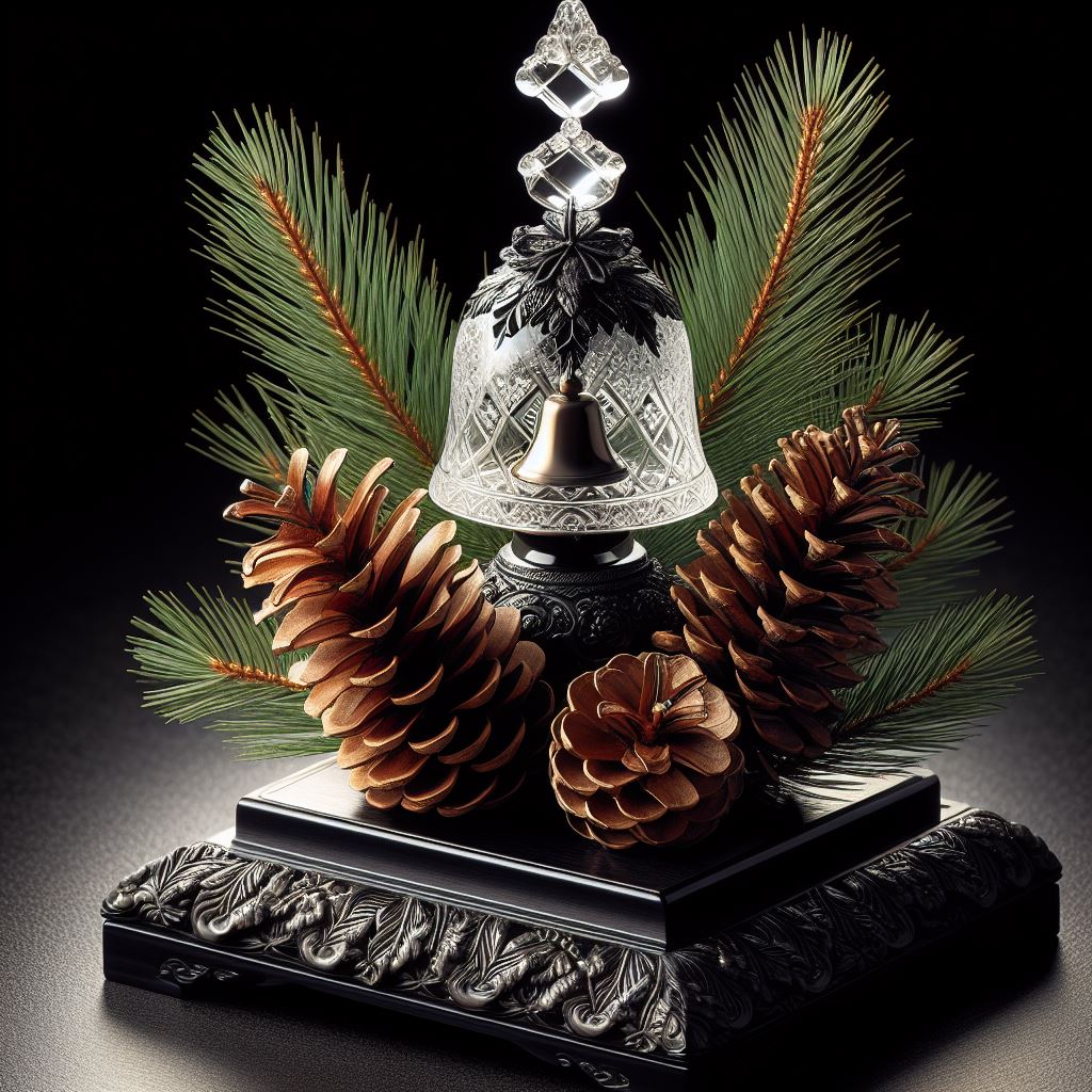 Silver decorative bell with bow, pine branches and cones on black ornate base