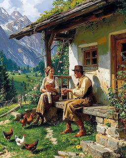 Man and woman sitting outside rustic alpine cottage with chickens in grassy yard, mountains behind