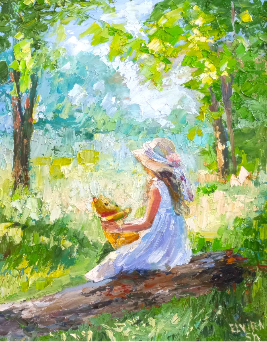 Impressionist painting of girl in white dress holding teddy bear under green trees