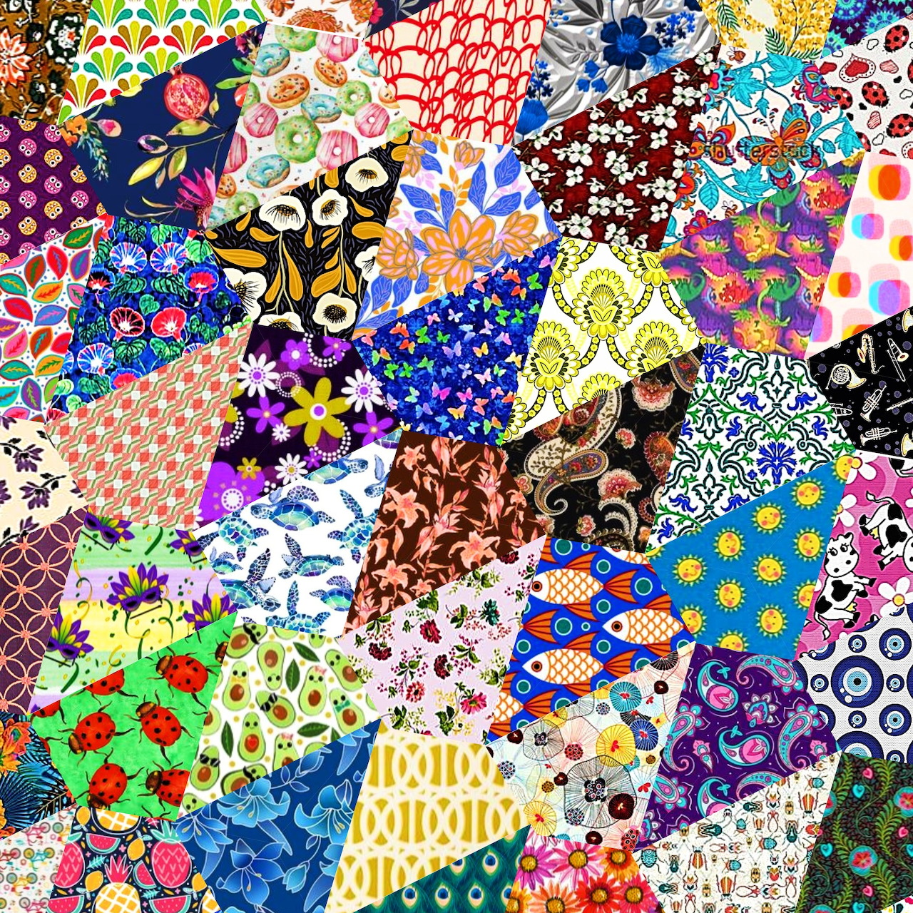 Vibrant patchwork collage with mixed floral, geometric, and decorative fabric patterns in multiple colors