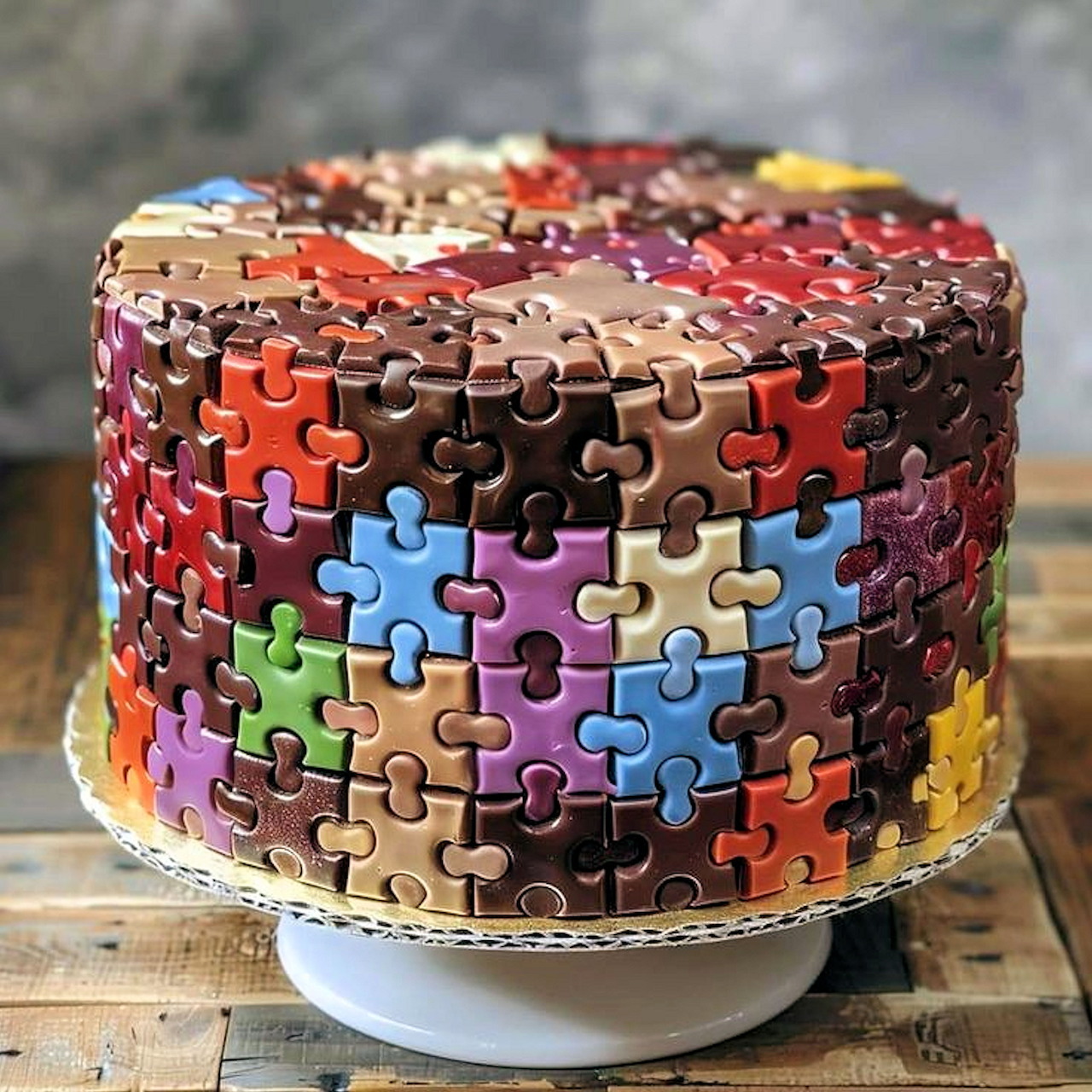 Round cake decorated with multicolored fondant puzzle pieces in gradient arrangement