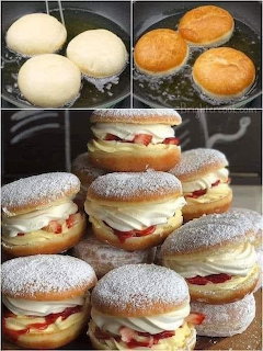 Collage showing cream puffs being fried and assembled with whipped cream and strawberries, dusted with powdered sugar