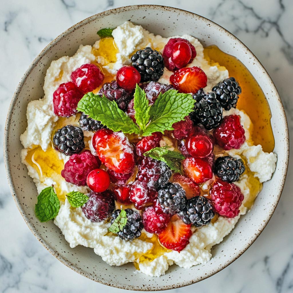 Bowl of cottage cheese with mixed berries, mango, and mint garnish on marble surface