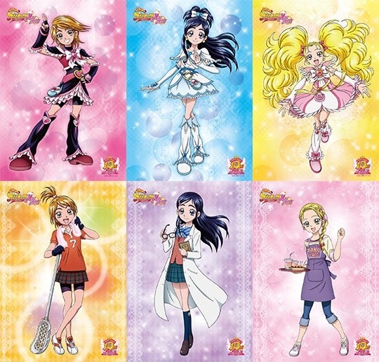 Six-panel anime collage of magical girl characters in colorful outfits on pastel backgrounds