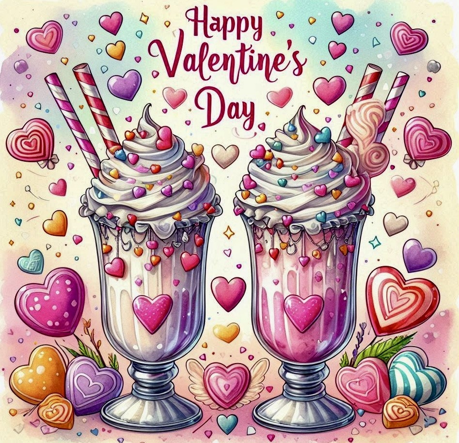 Two decorated milkshakes with whipped cream, hearts, candies, and Valentine's Day greeting on pastel background