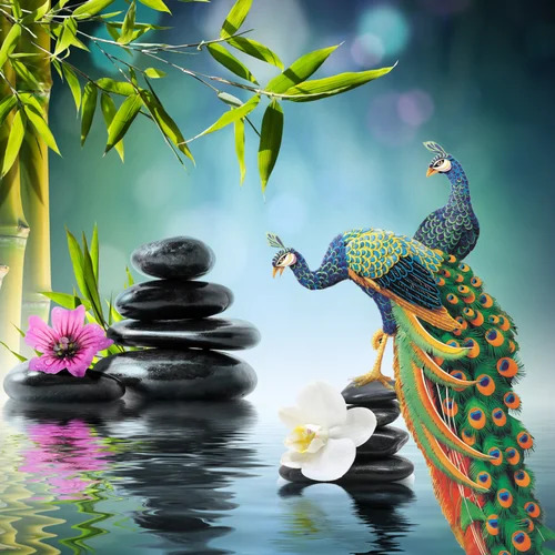 Vibrant peacock with stacked black stones, pink flower, bamboo and water lilies in serene zen garden setting