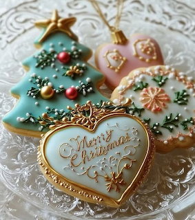Festive decorated Christmas cookies on lace including heart, tree, star and flower shapes with colorful icing