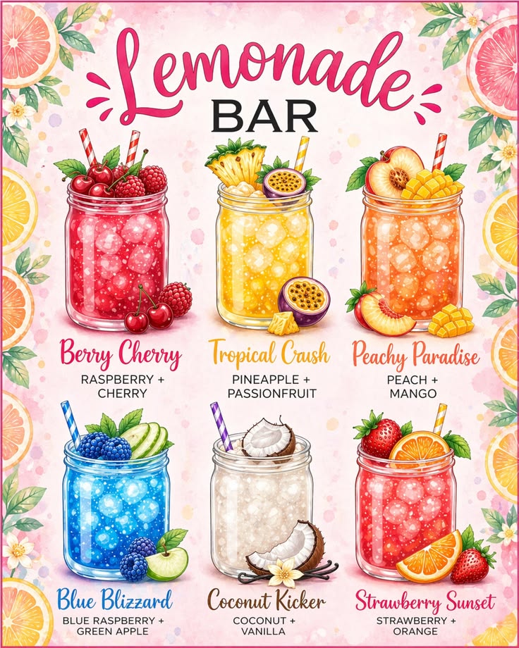 Illustrated lemonade bar menu with six fruity drinks in mason jars surrounded by watercolor flowers and citrus slices