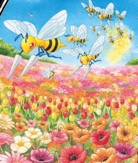 Beedrill Pokemon flying above a colorful flower field with tulips and a rainbow in the sky