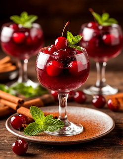 Cherry dessert in stemmed glass garnished with fresh cherries and mint leaves on a plate