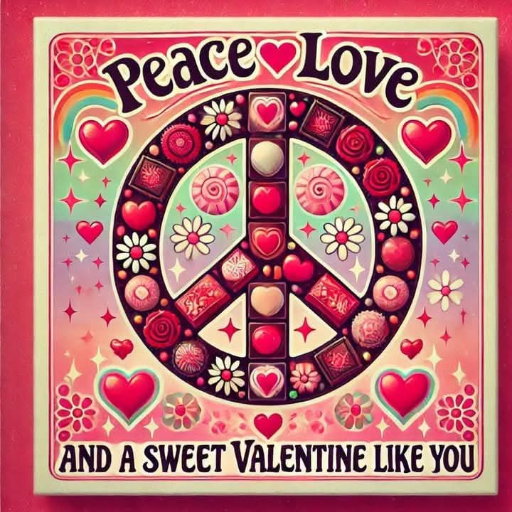 Colorful retro valentine illustration with a peace sign, hearts, flowers, and rainbow accents