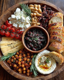 Wooden platter with braided bread, cheese varieties, olives, tomatoes, chickpeas, and fresh herbs