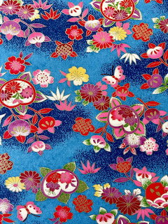 Colorful Japanese floral pattern on blue background with cherry blossoms and traditional decorative elements