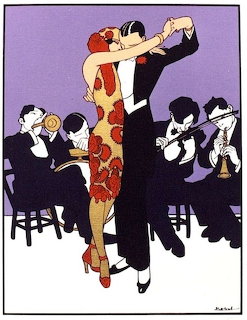 Art deco style illustration of couple dancing in 1920s formal wear with jazz band in background