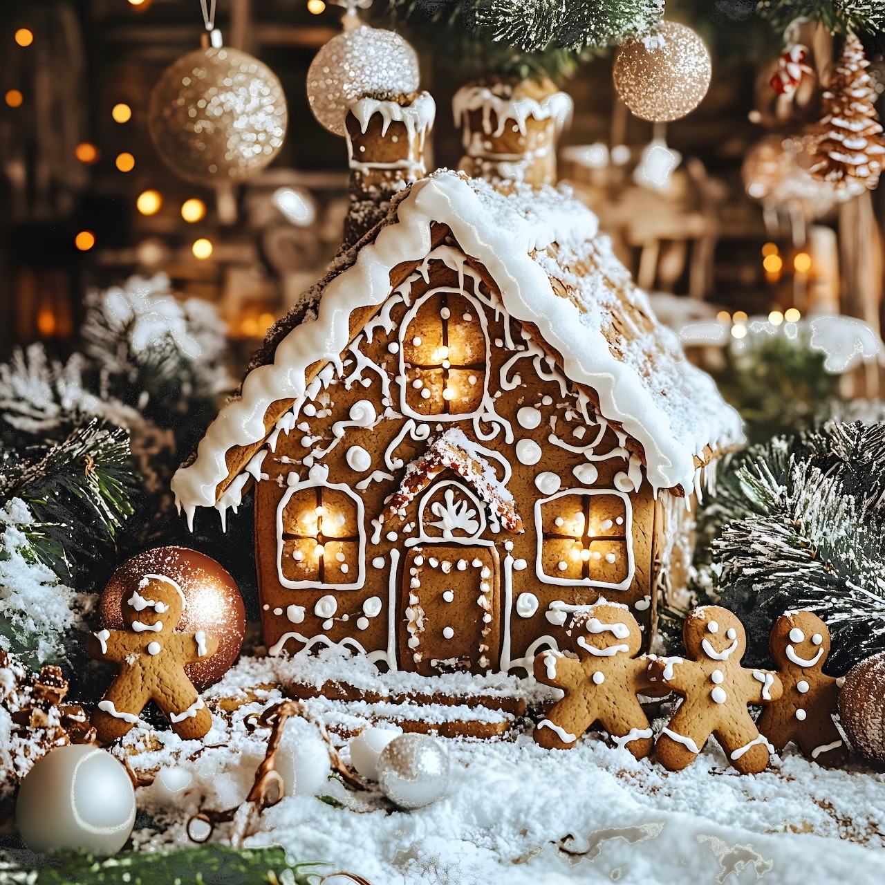Decorated gingerbread house with icing, lights, gingerbread figures, ornaments and holiday greenery