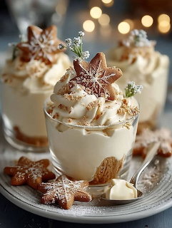 Glass cups filled with layered cream dessert, topped with gingerbread stars and caramel, arranged on a silver tray