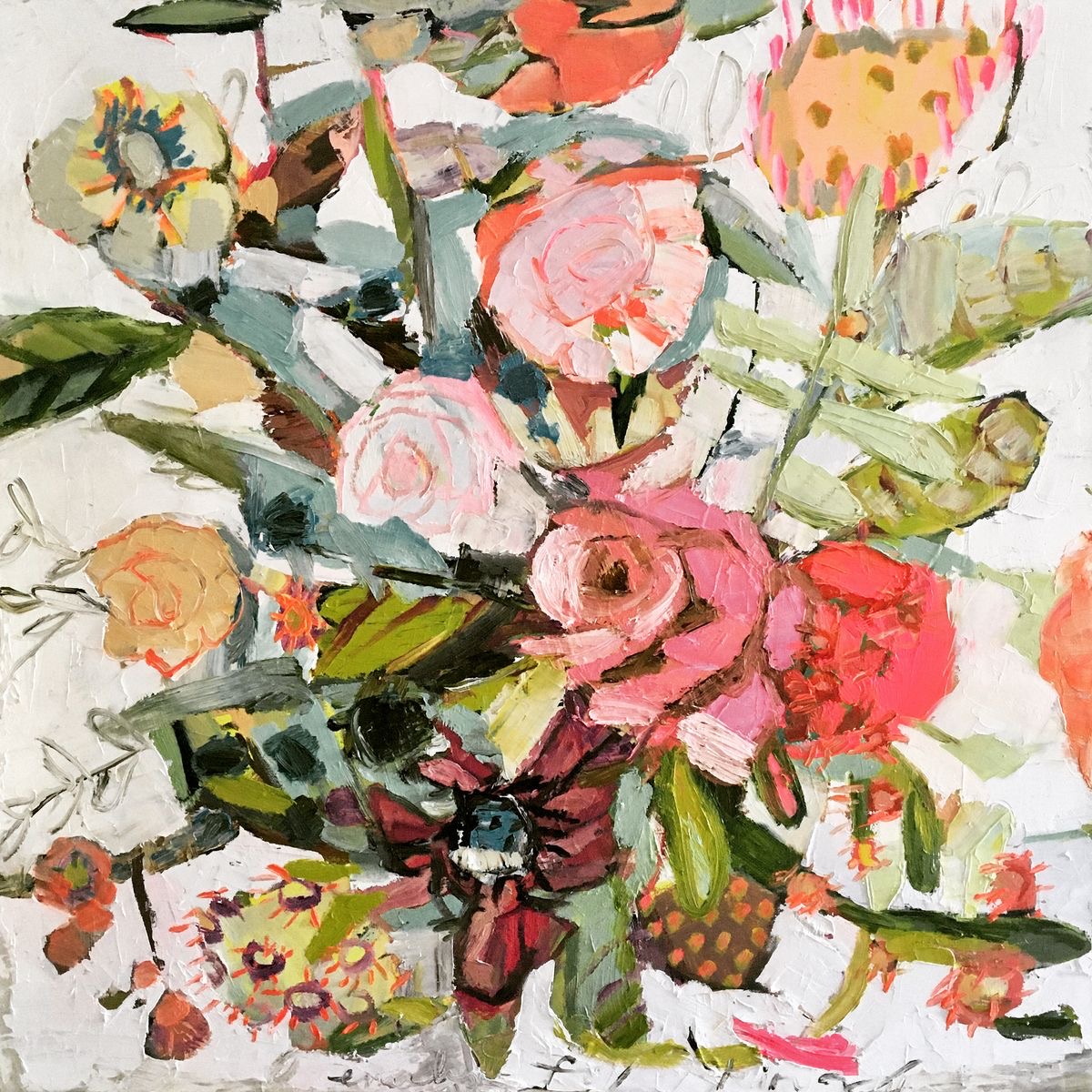 Abstract painting of pink and peach flowers in a vase with green leaves and bold brushwork