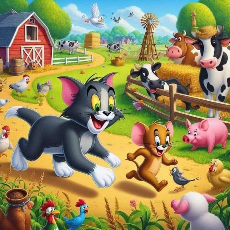 Colorful cartoon farm scene with various animated animals playing together in a sunny pastoral landscape