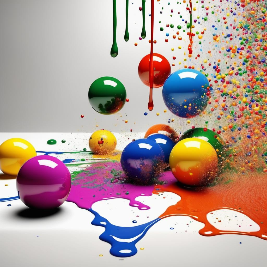 Colorful paint-dripping spheres with splashes and puddles on white surface