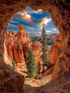 View of red rock canyon formations and trees through a natural cave arch with blue sky and clouds above
