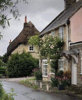 Row of cute cottages along a wet street with greenery and flowers on a rainy day
