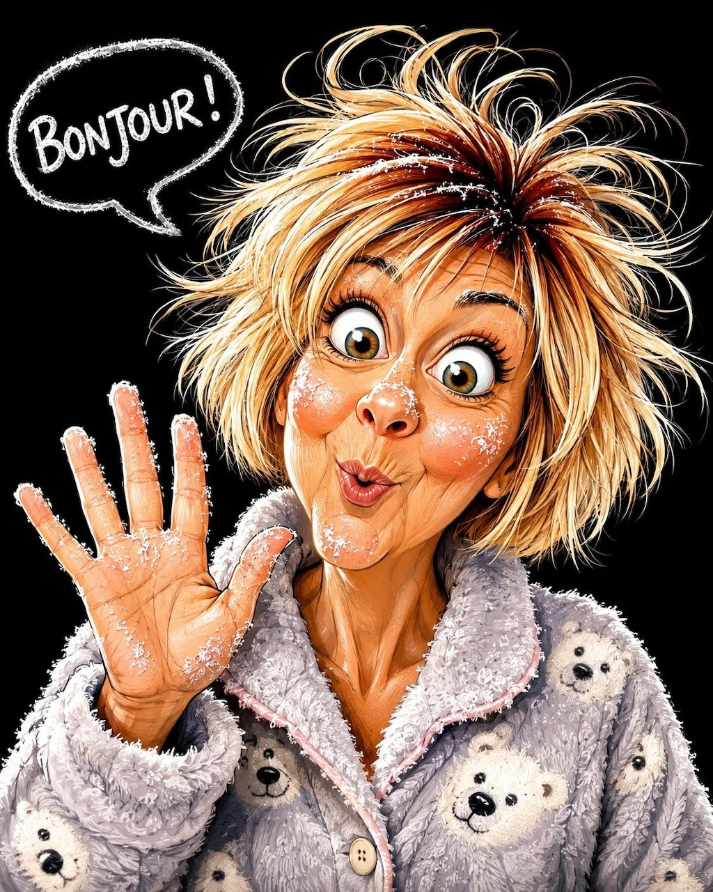 Cartoon-style woman waving with a Bonjour speech bubble and fluffy teddy bear print robe