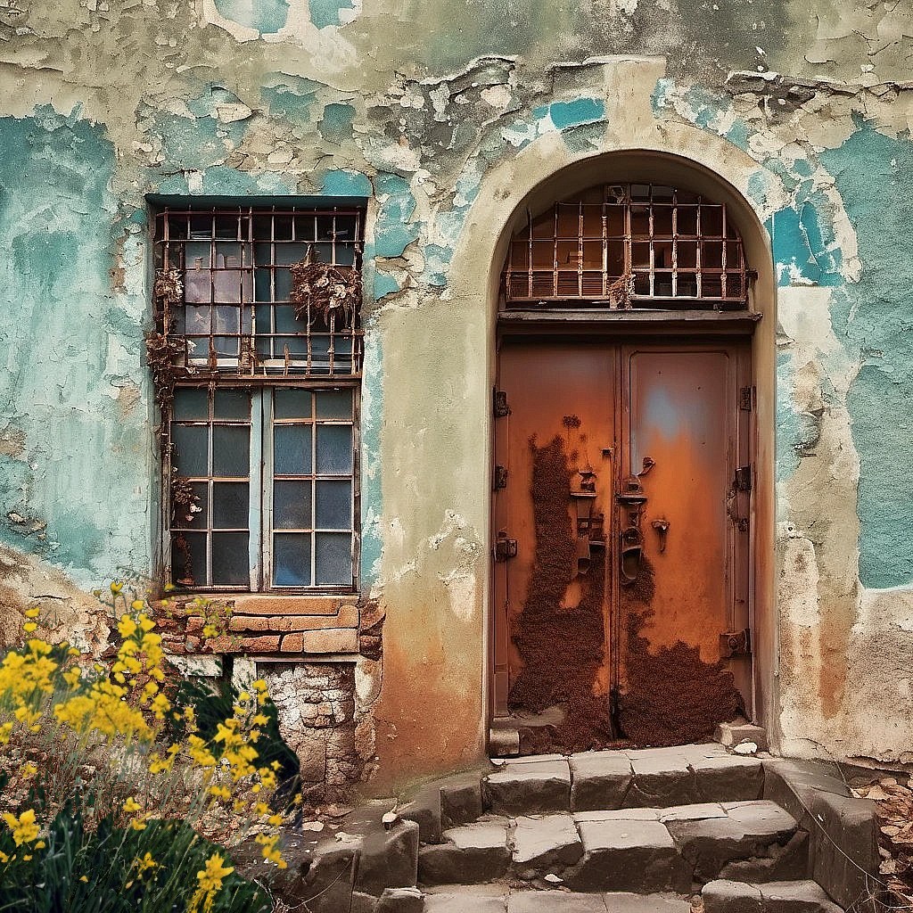 Old stone cottage with peeling turquoise paint, arched door, barred window, and yellow flowers in front