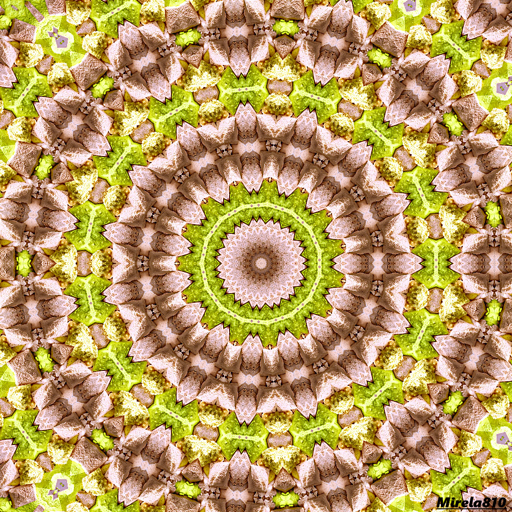 Symmetrical mandala with green and brown floral patterns arranged in concentric circles