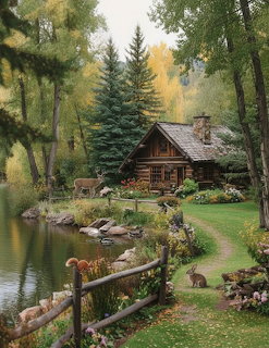 Rustic log cabin surrounded by trees and gardens next to a small pond with ducks and a rabbit