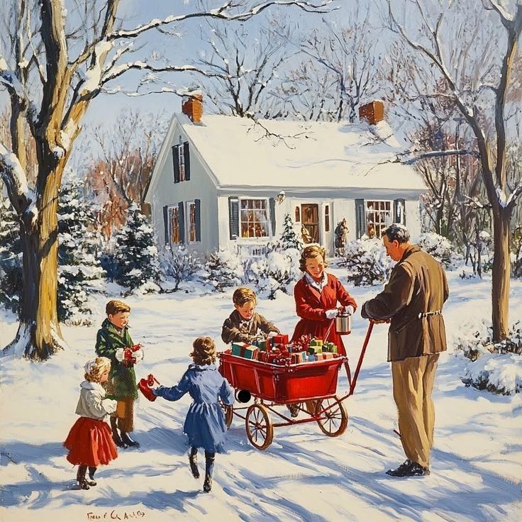 Vintage painting of family in winter snow scene with white cottage and decorated red wagon