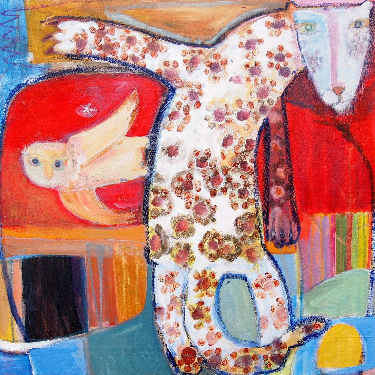 Folk art painting of a white spotted panther with red and colorful abstract background