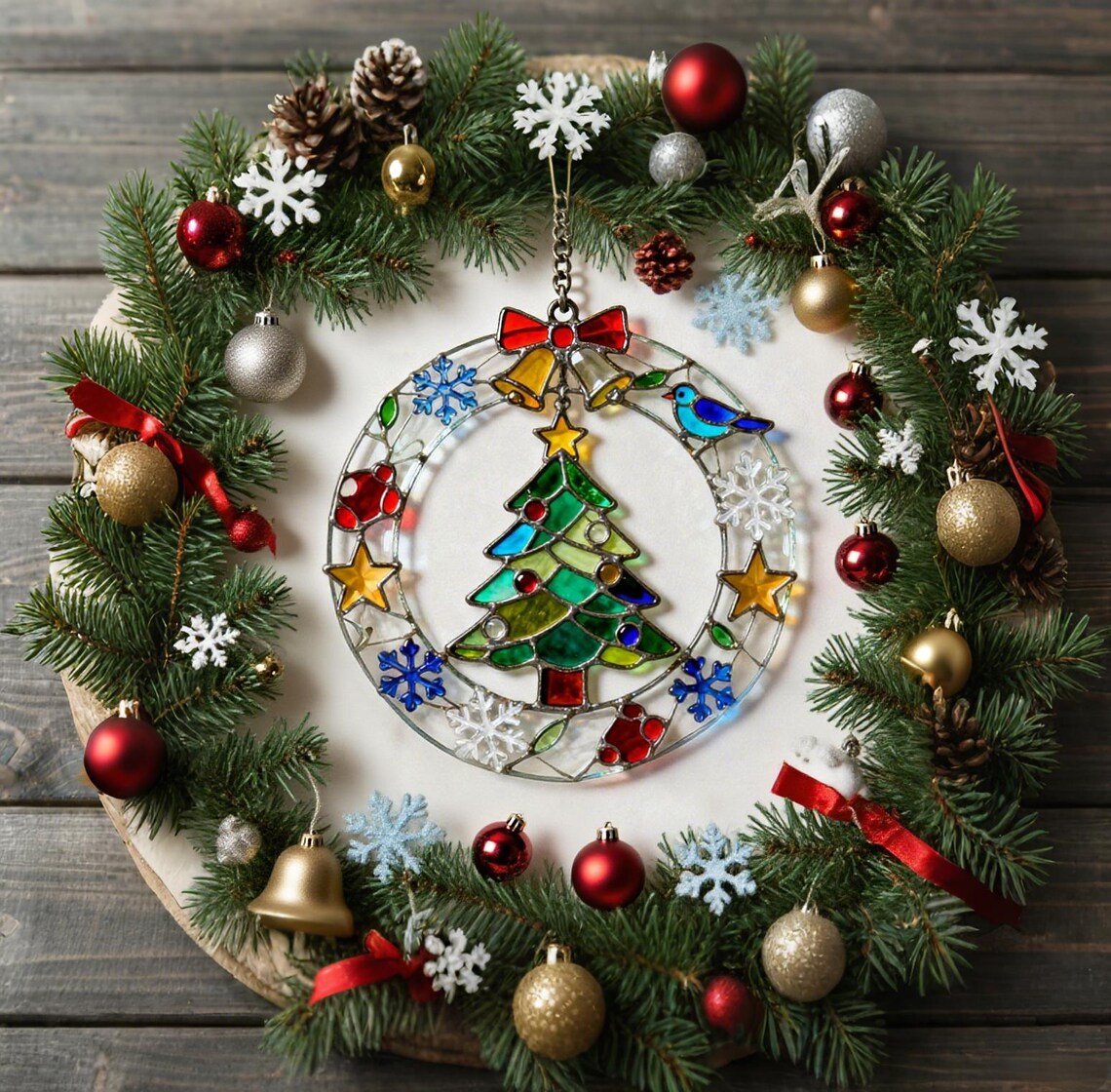 Christmas suncatcher with tree design in evergreen wreath with ornaments and snowflakes on wood background