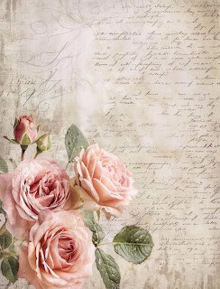 Pink roses on vintage parchment paper with cursive handwriting background