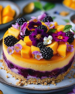 Cheesecake topped with mango cubes, blackberries, and edible flowers on a crumb crust