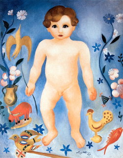 Painting of a nude young child surrounded by folk art animals and flowers on blue background