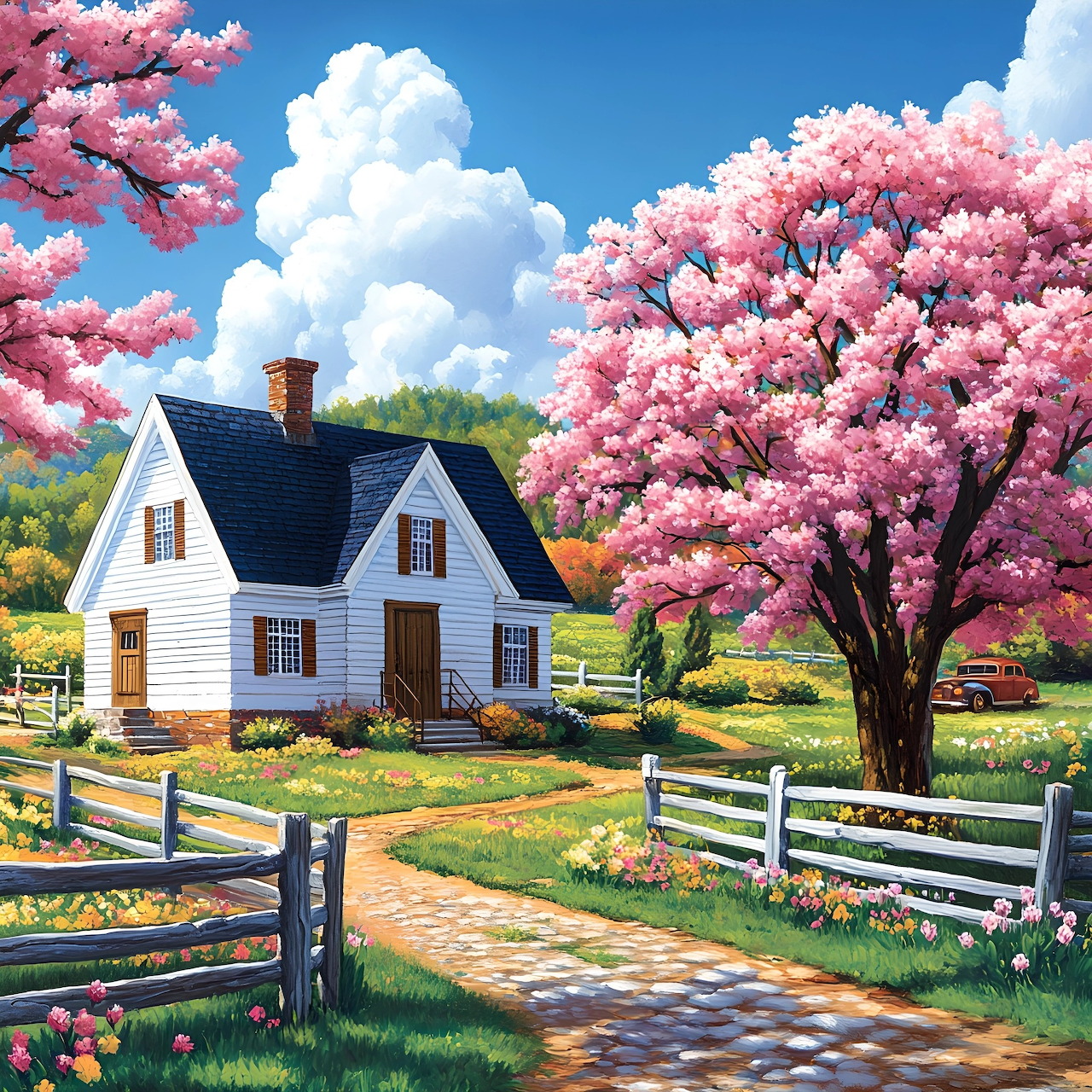 White Farmhouse with Pink Blossoms
