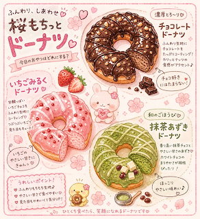 Illustrated Japanese donuts with cherry blossoms, chocolate, strawberry, and matcha flavors on pink background