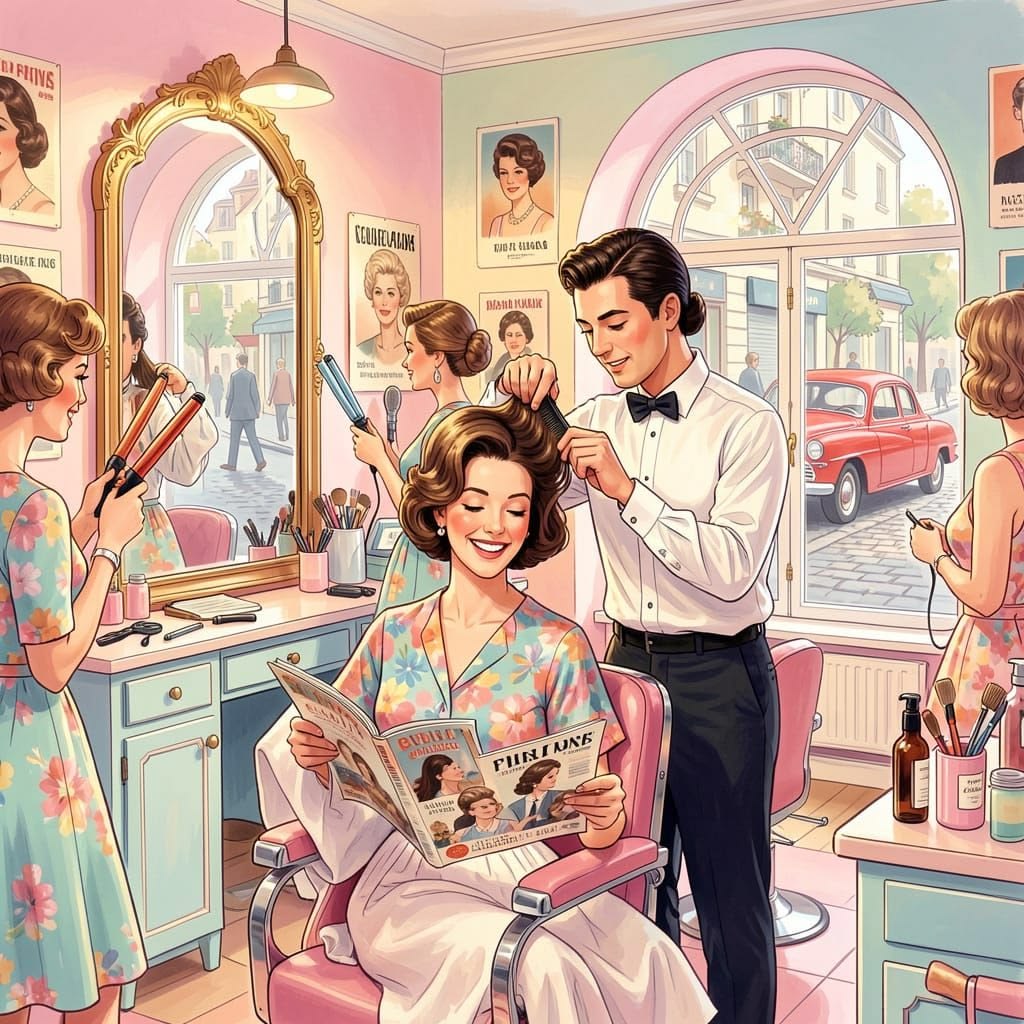 Vintage-style illustration of women in a pastel hair salon with a stylist curling a seated customer's hair