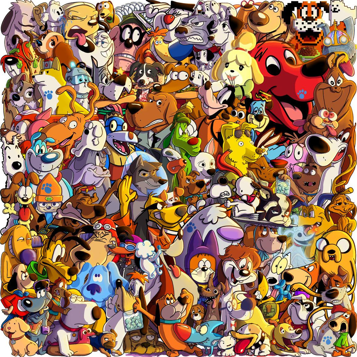Colorful collage of many cartoon dog characters in a crowded illustration