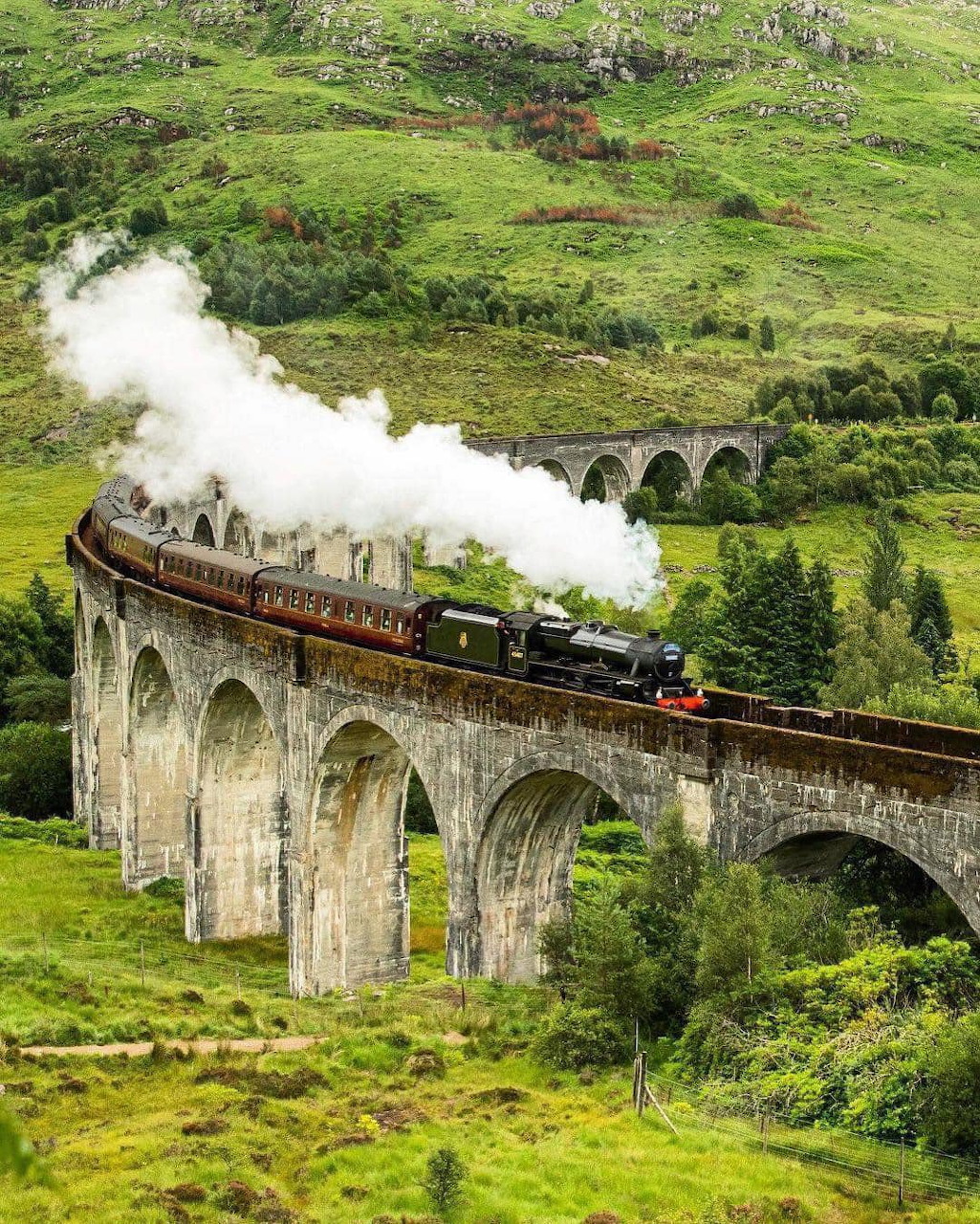 Steam locomotive crossing stone arch viaduct through green Highland valley
