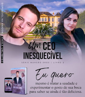 Romance book cover with couple, mansion background, and Portuguese text about an unforgettable CEO