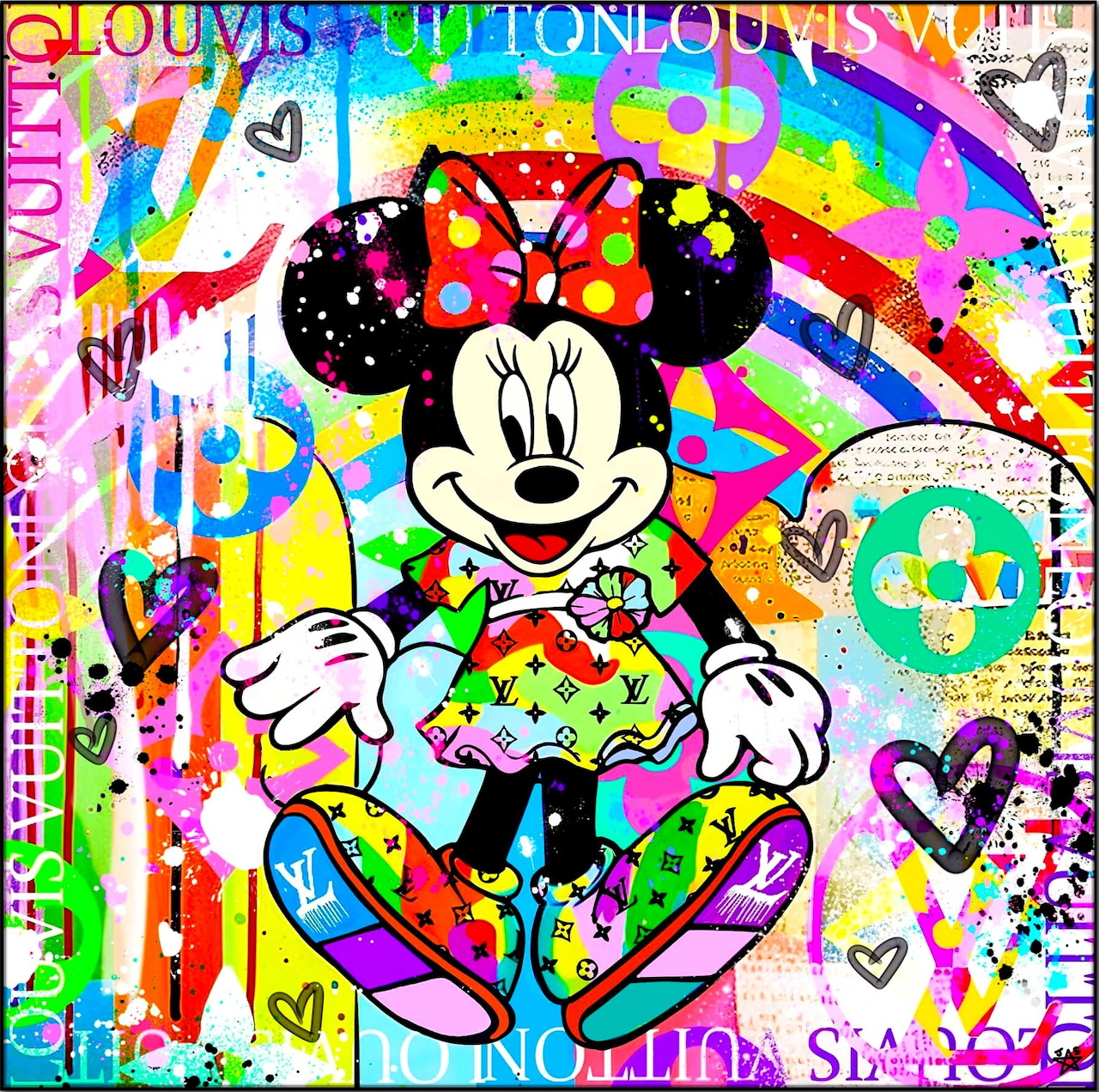 Colorful pop art collage of Minnie Mouse with graffiti, hearts, rainbows and text in vibrant neon colors