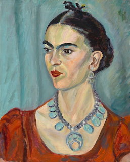 Painted portrait of Frida Kahlo with turquoise jewelry, red top, and dark hair in an updo