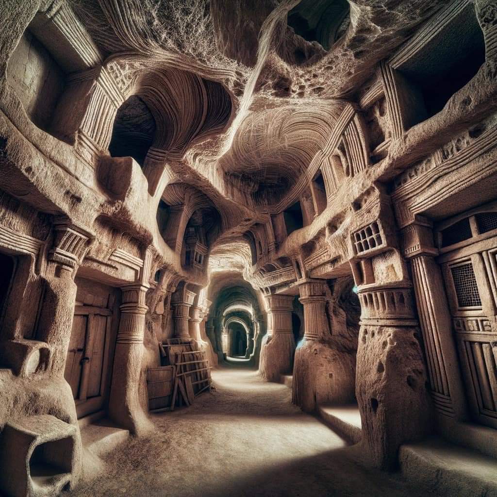 Ancient underground stone city interior with carved arches, columns and illuminated tunnel passage